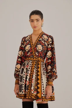 MULTICOLOR TAPESTRY GARDEN V NECK MINI DRESS