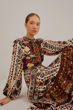  MULTICOLOR TAPESTRY GARDEN HIGH NECK MIDI DRESS