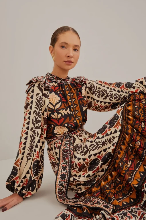 MULTICOLOR TAPESTRY GARDEN HIGH NECK MIDI DRESS