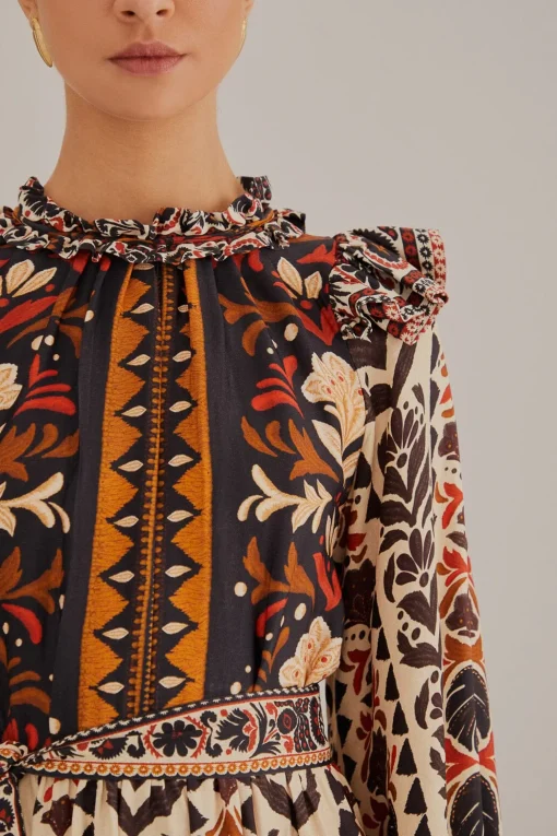  MULTICOLOR TAPESTRY GARDEN HIGH NECK MIDI DRESS