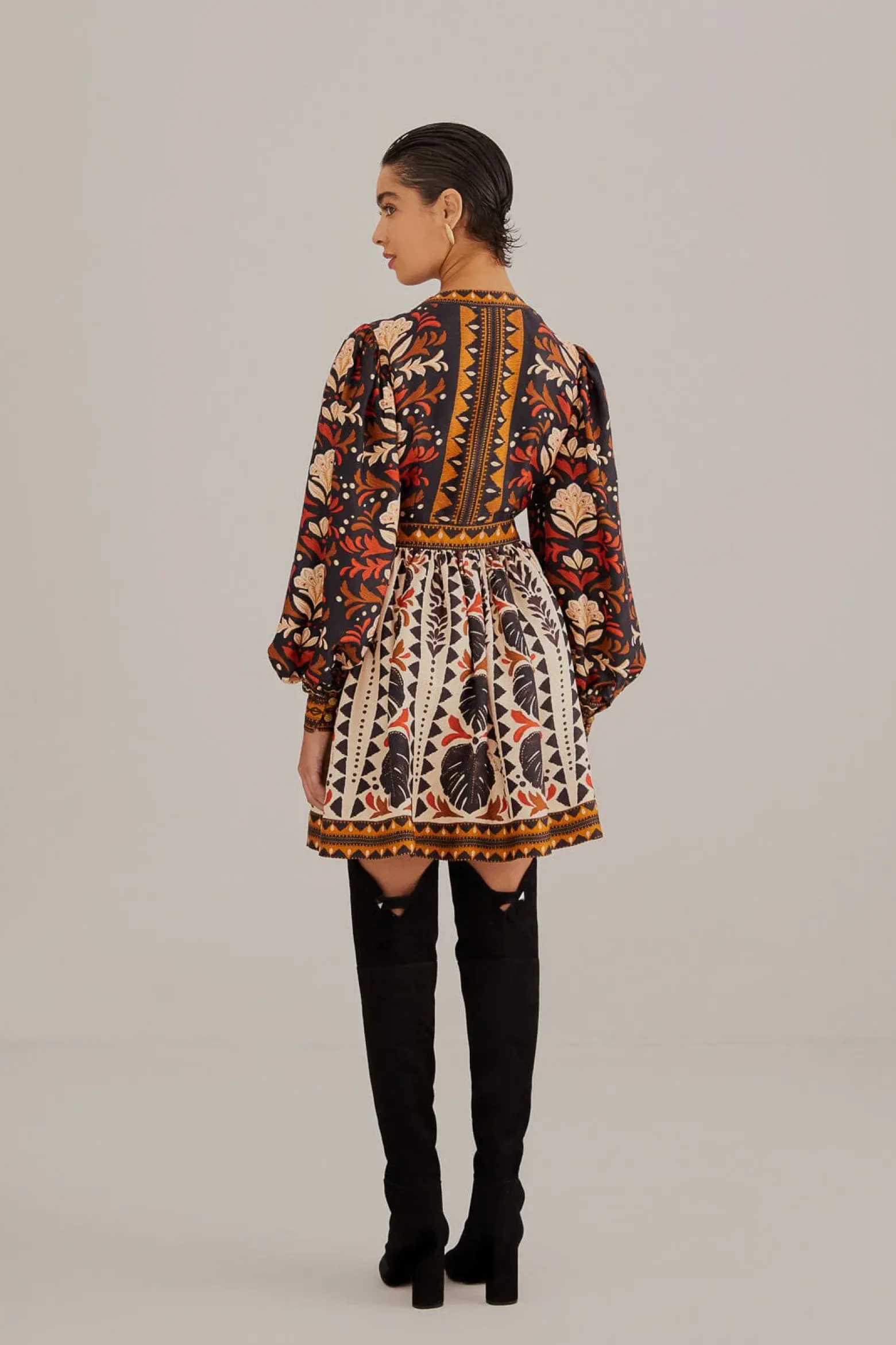 MULTICOLOR TAPESTRY GARDEN V NECK MINI DRESS