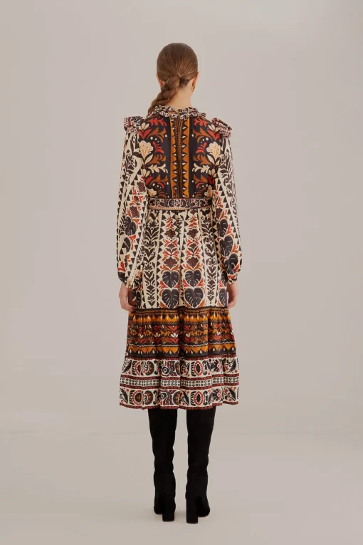  MULTICOLOR TAPESTRY GARDEN HIGH NECK MIDI DRESS