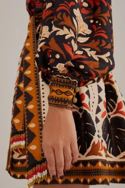 MULTICOLOR TAPESTRY GARDEN V NECK MINI DRESS