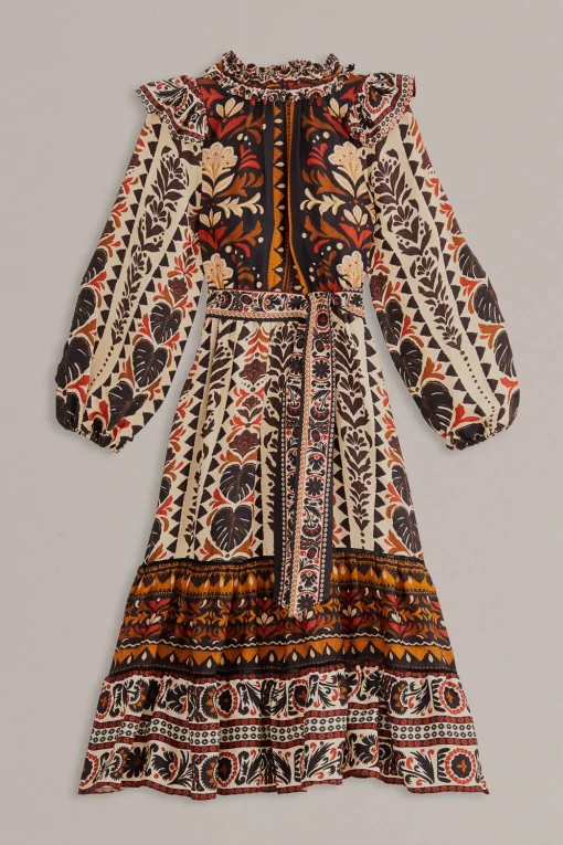  MULTICOLOR TAPESTRY GARDEN HIGH NECK MIDI DRESS