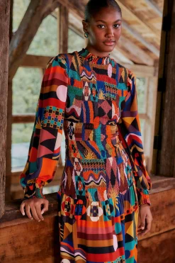  MULTICOLOR TROPICAL SHAPES LENZING™ ECOVERO™ VISCOSE MIDI DRESS