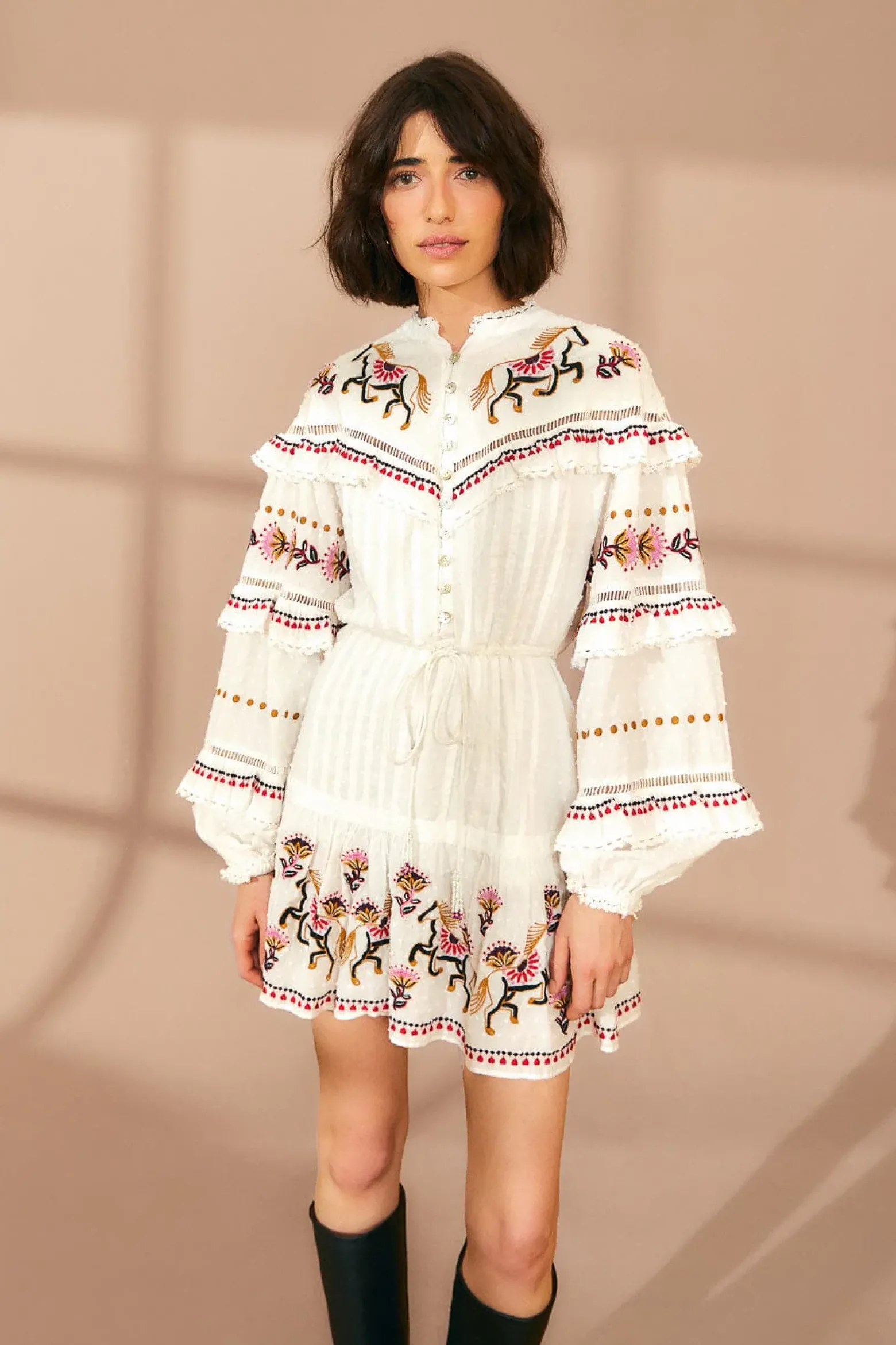 OFF-WHITE EMBROIDERED HORSES RUFFLE MINI DRESS