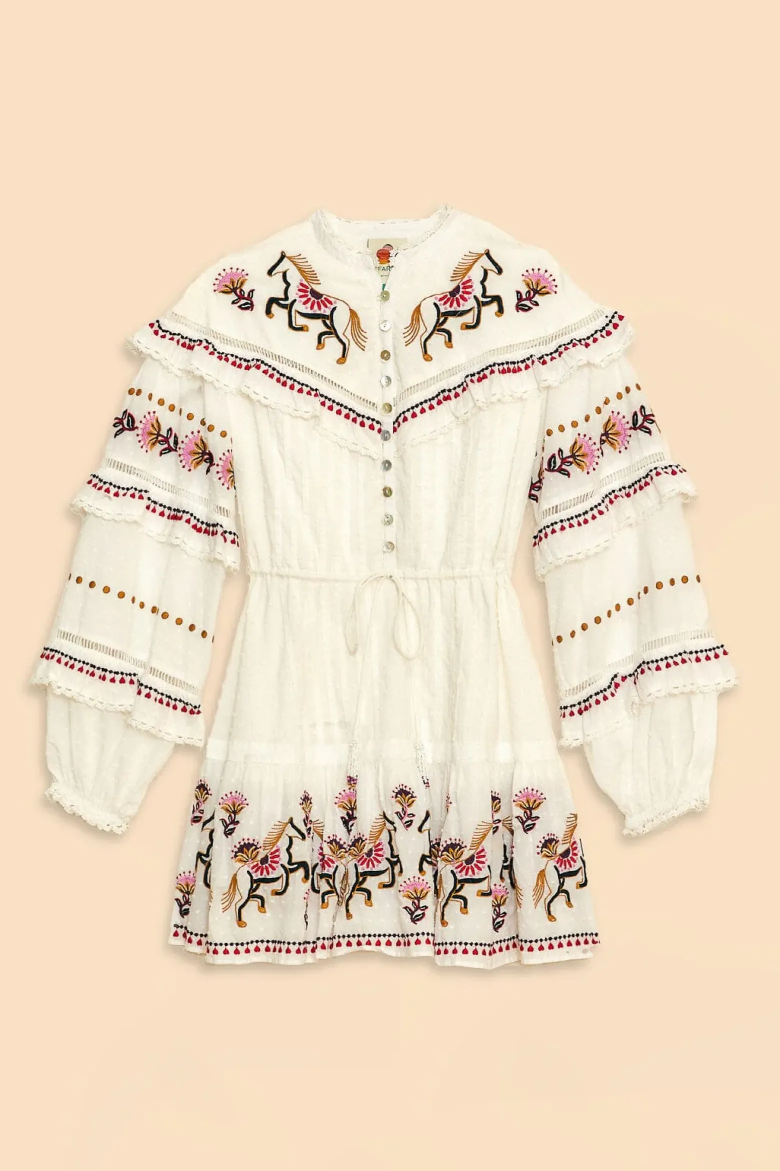 OFF-WHITE EMBROIDERED HORSES RUFFLE MINI DRESS