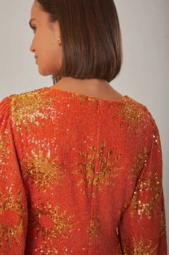  ORANGE SUNNY MOOD SEQUIN CUT OUT MIDI DRESS