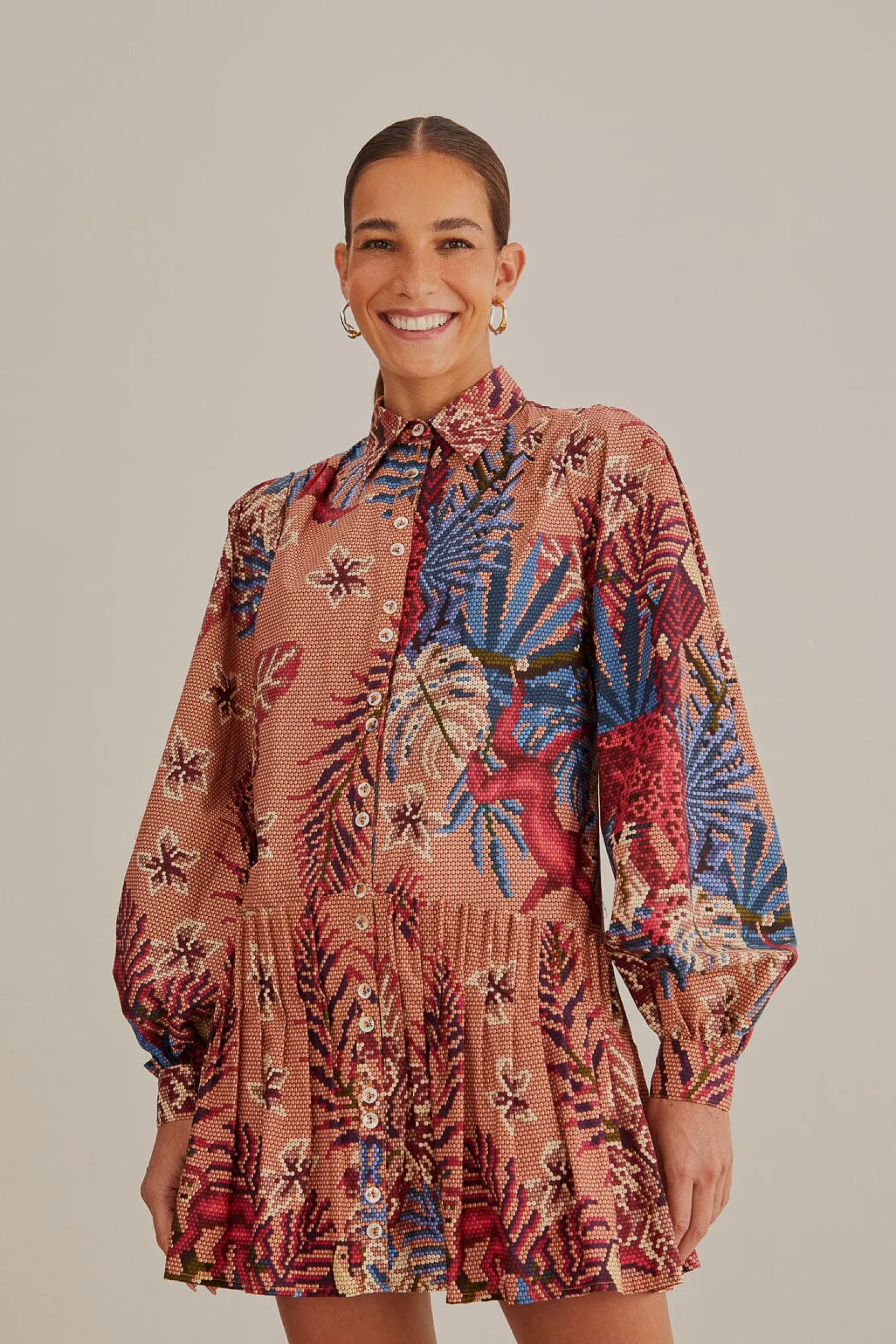 PINK BEADED FOREST LONG SLEEVE MINI DRESS