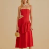  RED CUT OUT STRAPLESS MIDI DRESS