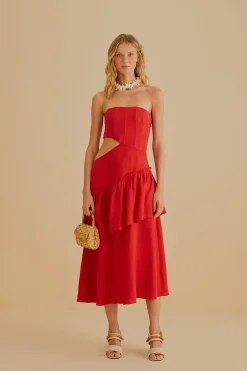  RED CUT OUT STRAPLESS MIDI DRESS