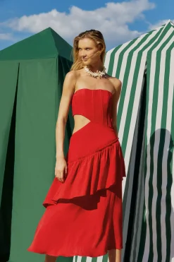  RED CUT OUT STRAPLESS MIDI DRESS
