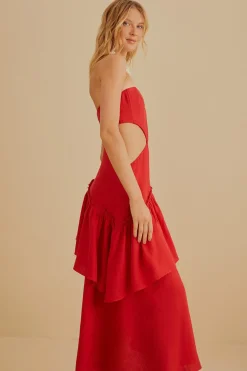  RED CUT OUT STRAPLESS MIDI DRESS