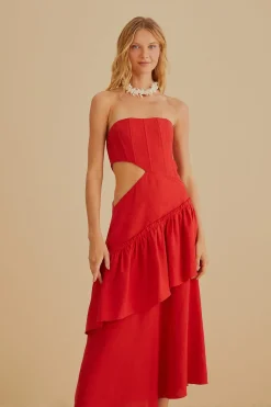  RED CUT OUT STRAPLESS MIDI DRESS