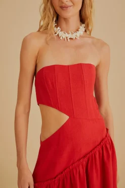  RED CUT OUT STRAPLESS MIDI DRESS