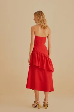  RED CUT OUT STRAPLESS MIDI DRESS
