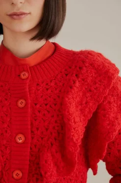  RED FLOWER TEXTURE KNIT CARDIGAN