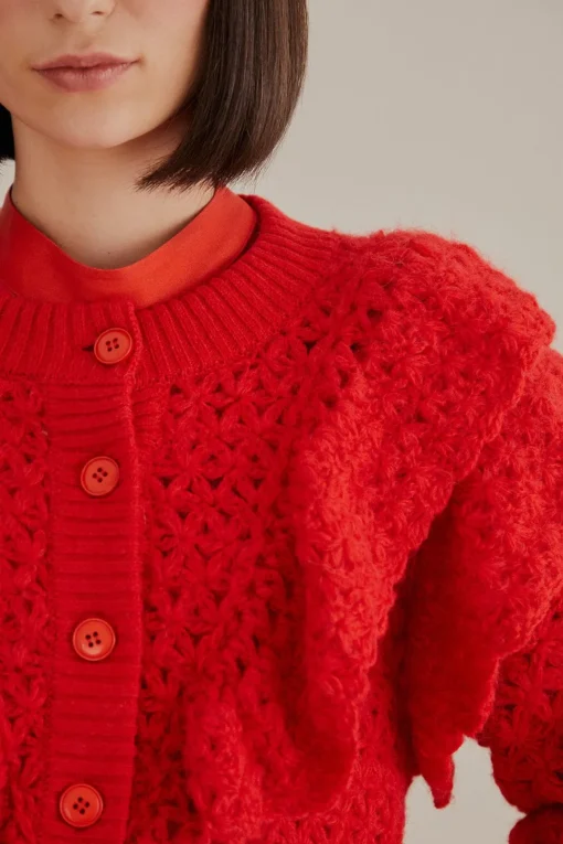  RED FLOWER TEXTURE KNIT CARDIGAN