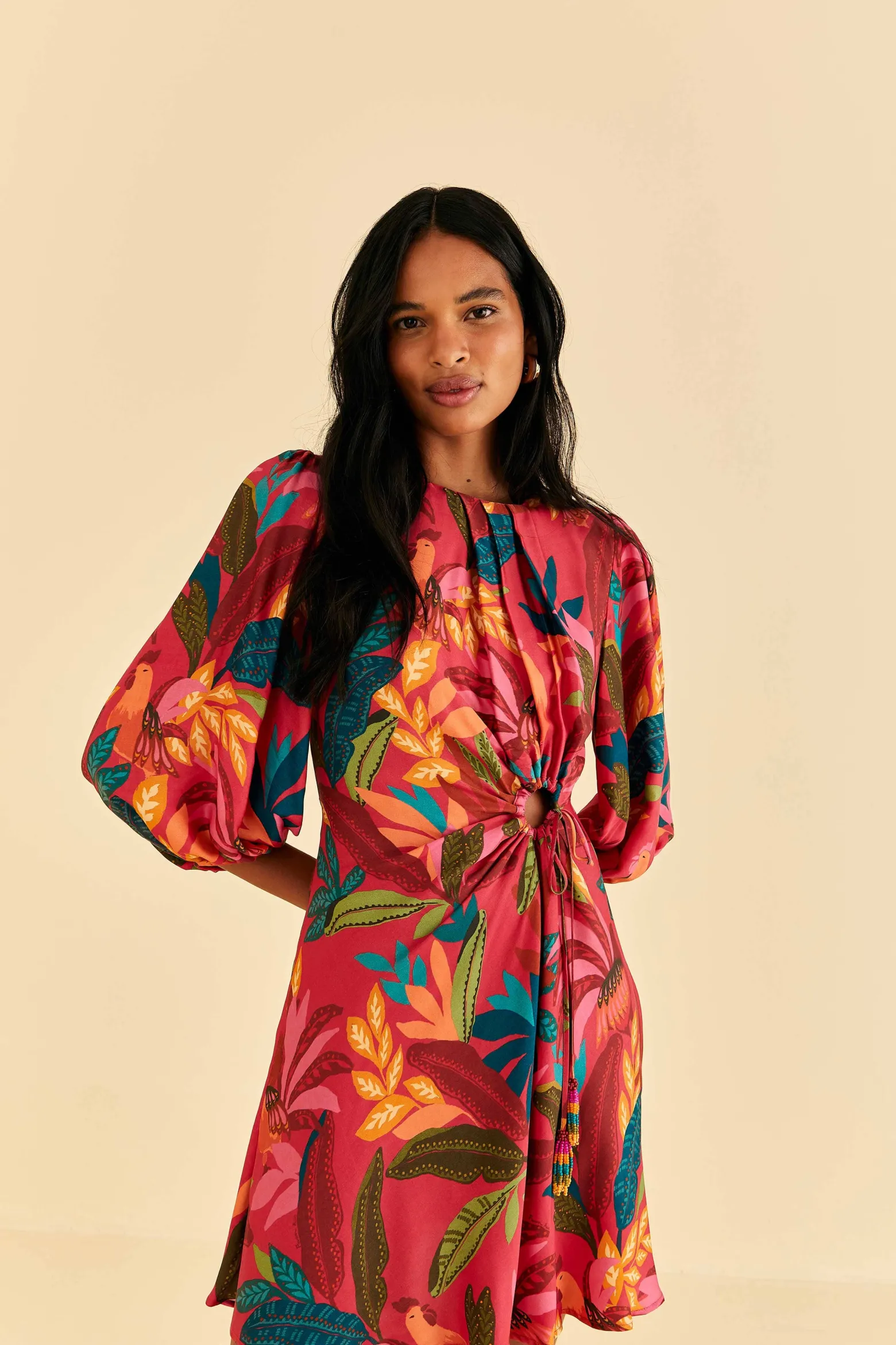 RED ROOSTER LEAVES LONG SLEEVE MINI DRESS