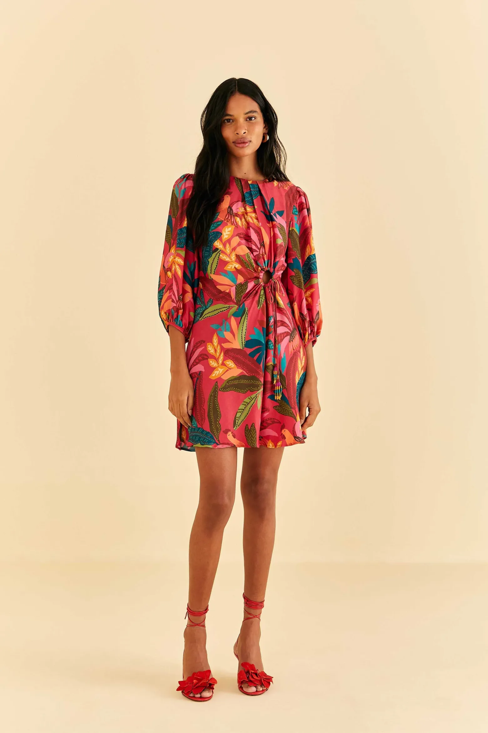 RED ROOSTER LEAVES LONG SLEEVE MINI DRESS