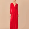  RED V NECKLINE LONG SLEEVE MIDI DRESS