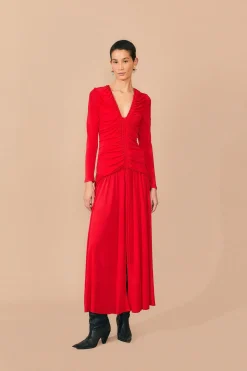  RED V NECKLINE LONG SLEEVE MIDI DRESS