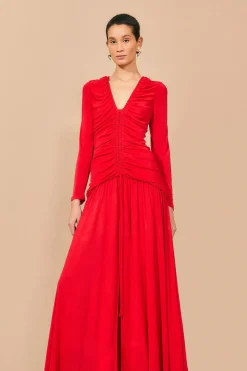  RED V NECKLINE LONG SLEEVE MIDI DRESS