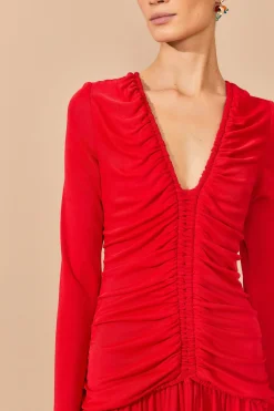  RED V NECKLINE LONG SLEEVE MIDI DRESS