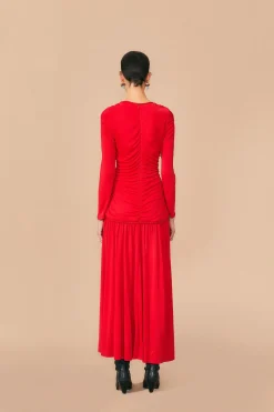  RED V NECKLINE LONG SLEEVE MIDI DRESS
