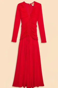  RED V NECKLINE LONG SLEEVE MIDI DRESS