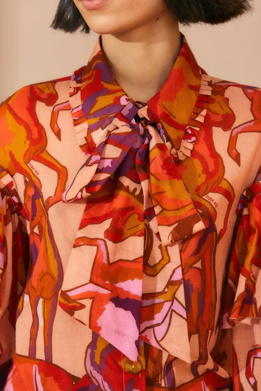  ROSE WILD HORSES BOW NECK TIE BLOUSE