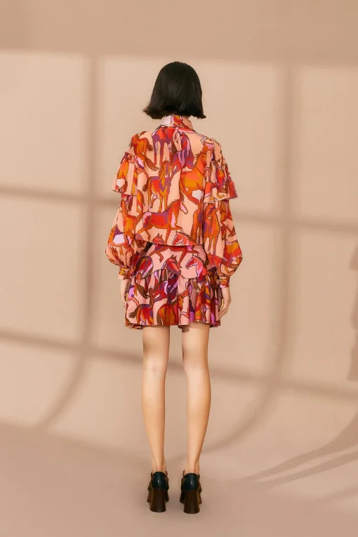  ROSE WILD HORSES BOW NECK TIE BLOUSE