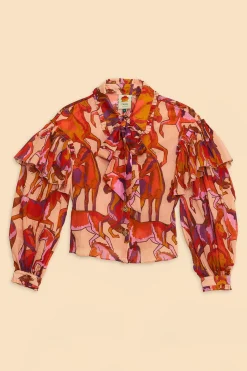  ROSE WILD HORSES BOW NECK TIE BLOUSE