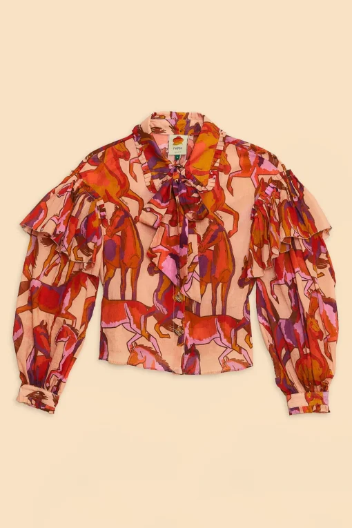  ROSE WILD HORSES BOW NECK TIE BLOUSE