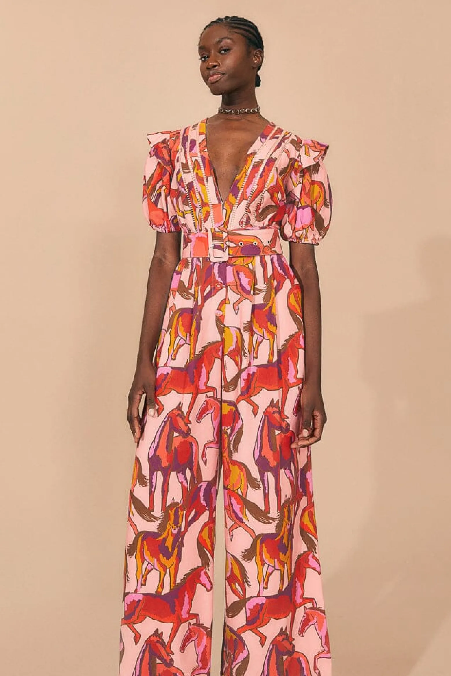 ROSE WILD HORSES PLEATED SHORT SLEEVE JUMPSUIT