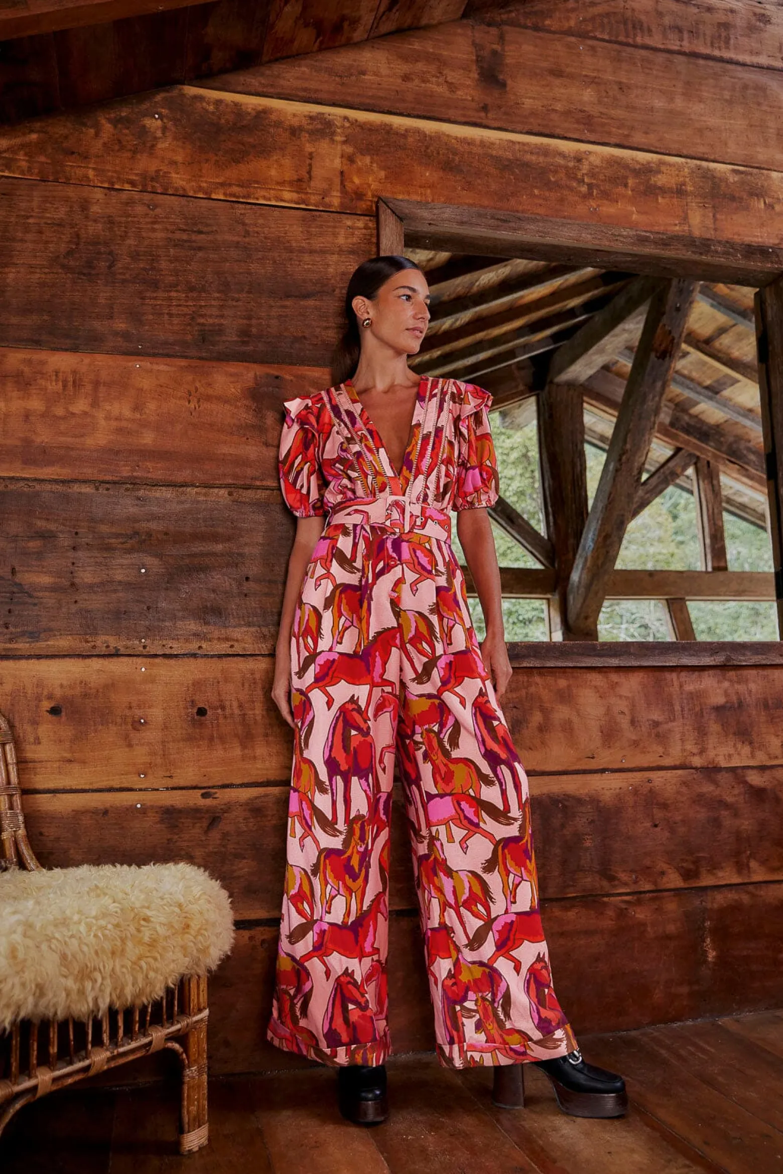 ROSE WILD HORSES PLEATED SHORT SLEEVE JUMPSUIT