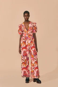 ROSE WILD HORSES PLEATED SHORT SLEEVE JUMPSUIT