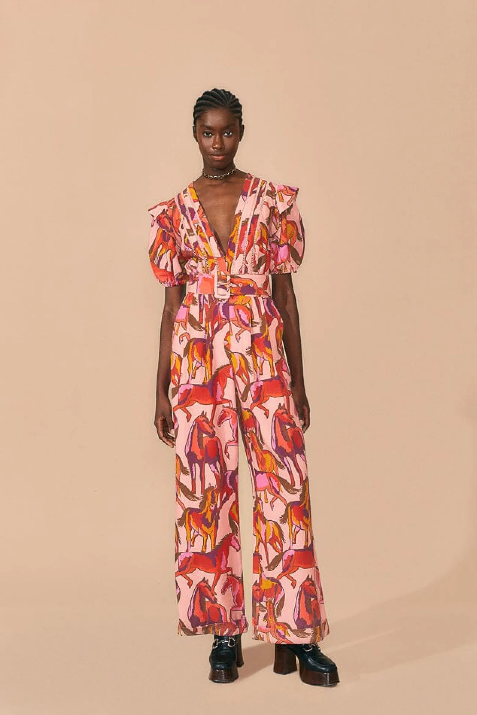 ROSE WILD HORSES PLEATED SHORT SLEEVE JUMPSUIT