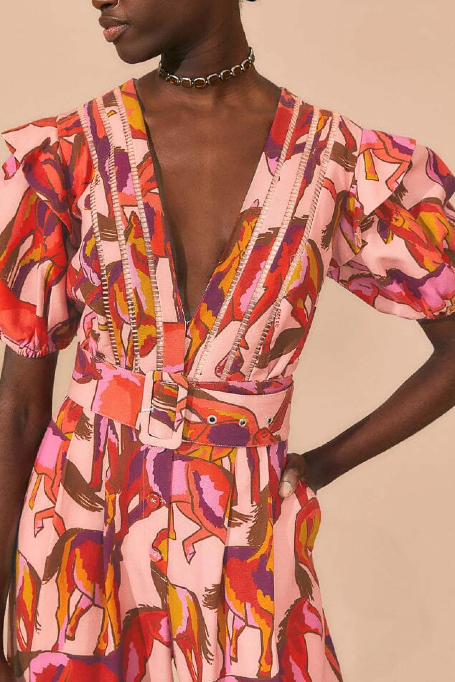 ROSE WILD HORSES PLEATED SHORT SLEEVE JUMPSUIT