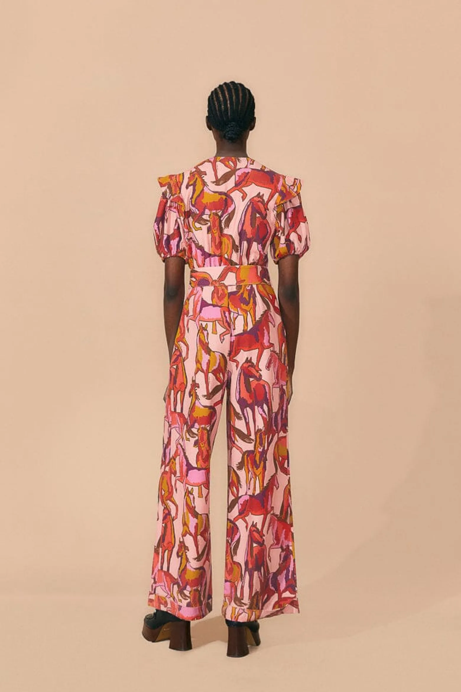 ROSE WILD HORSES PLEATED SHORT SLEEVE JUMPSUIT