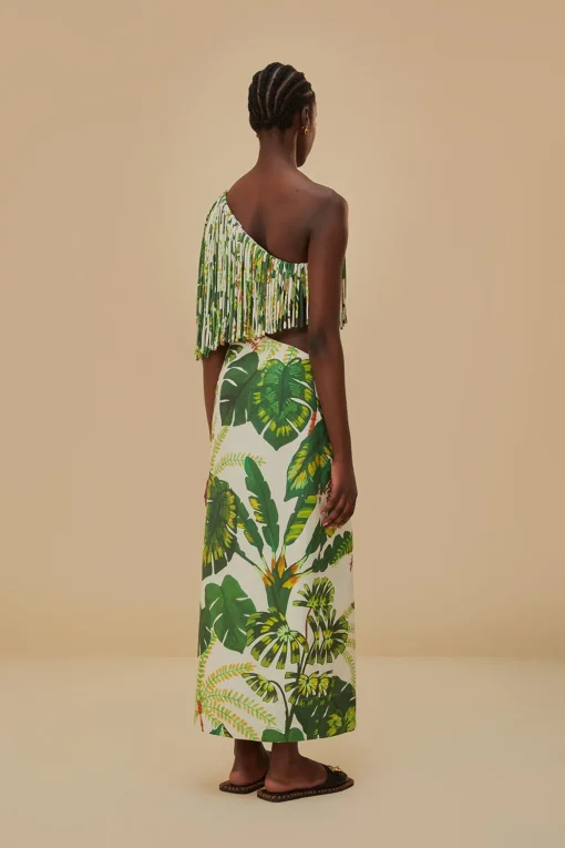  TROPICAL FOREST OFF-WHITE FRINGED MIDI DRESS