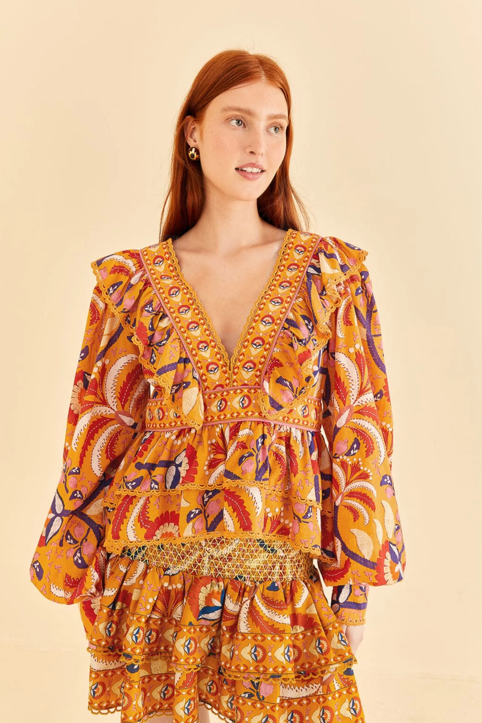 YELLOW PALMS PARTY RUFFLE BLOUSE