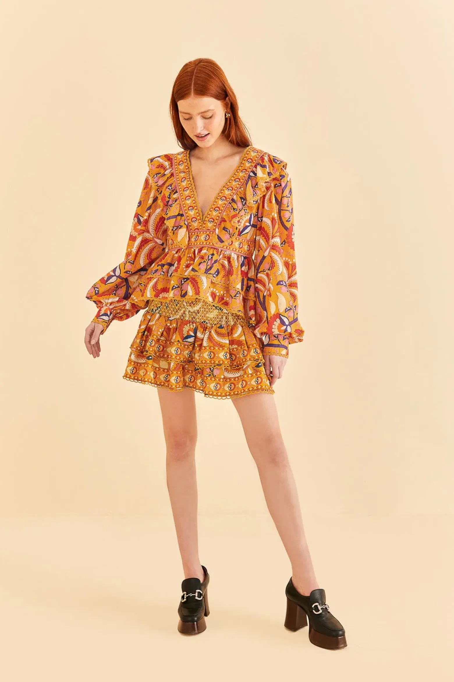 YELLOW PALMS PARTY RUFFLE BLOUSE